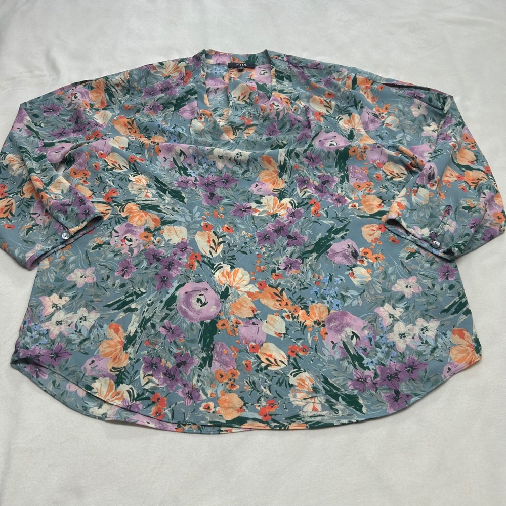 NYDJ Womens Floral V-Neck Blouse Blue Purple Orange 3/4 Sleeve Top Size Medium